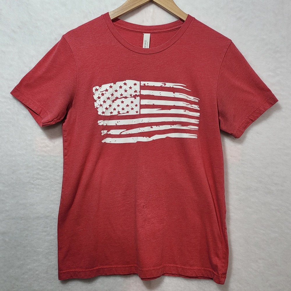 Bella Canvas Mens Medium Heather Red Distressed‎ American Flag Graphic T-Shirt *